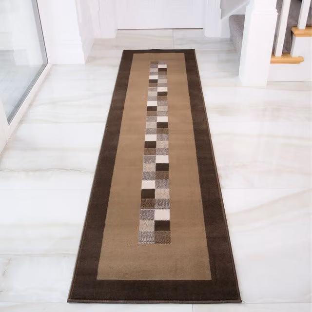 The Rug House Brown Bordered Geometric Rectangular Rug W: 240 cm, D: 60 cm