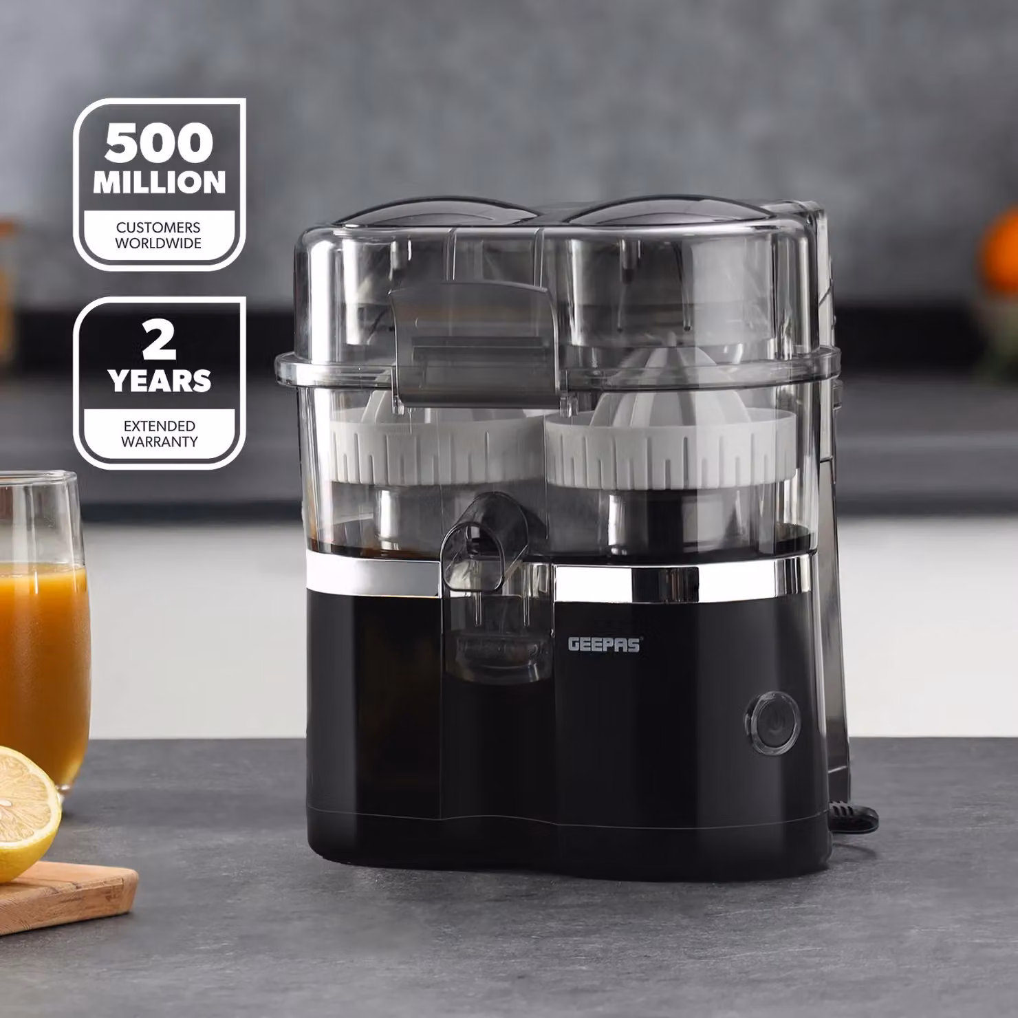 Geepas Electric Dual Head Citrus Juicer Machine with Built-in Slicer in Black – 2
