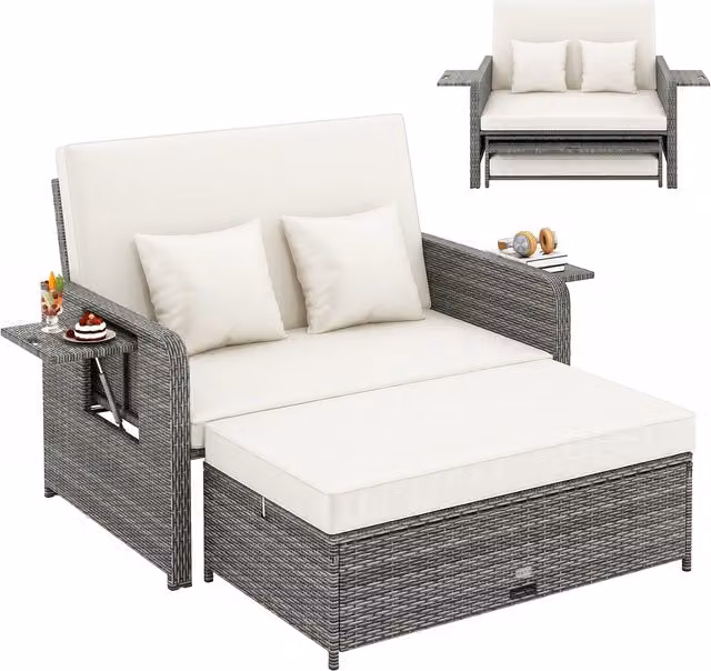 COSTWAY 2 Piece Modern White Rattan and Metal Garden Furniture Set
