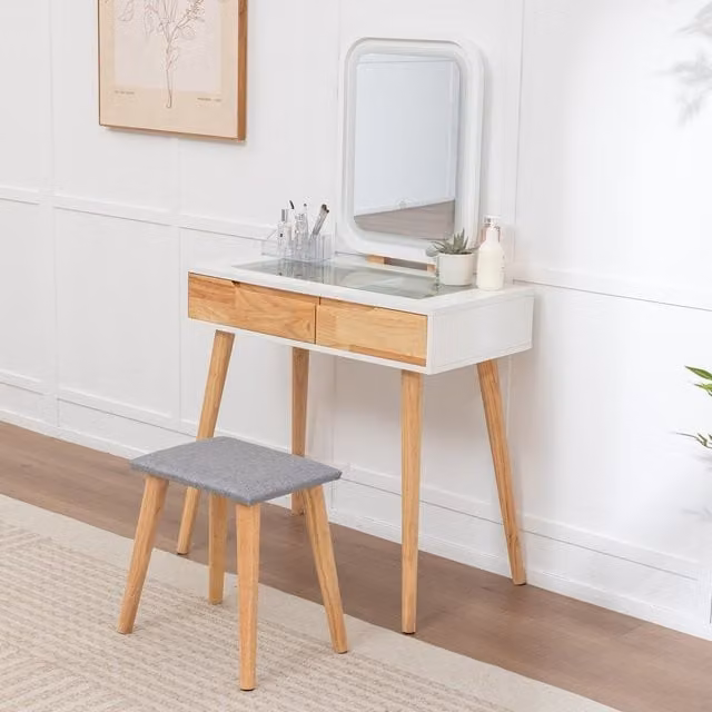 WestWood Natural Makeup Vanity Dressing Table and Stool Set DT24 with Hollywood LED Mirror in White