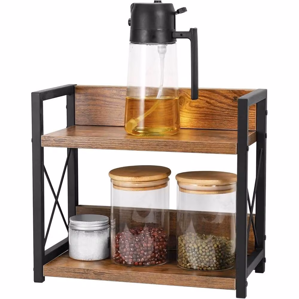 Nordara 2 Tier Rustic Brown Wood Coffee Bar Accessories Organiser and Kitchen Counter Shelf – 4