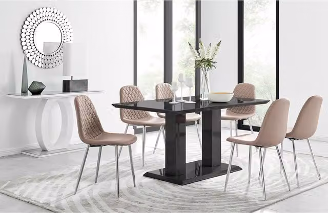 FurnitureboxUK Imperia Black Glass Dining Table and 6 Corona Silver Leg Chairs in Yellow