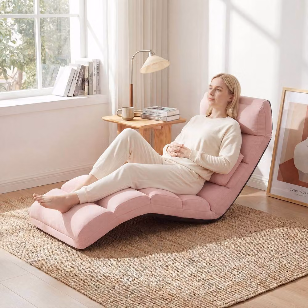 Gymax Pink Upholstered Microfibre Floor Chaise Lounge and 5-Position Foldable Gaming Seat – 2