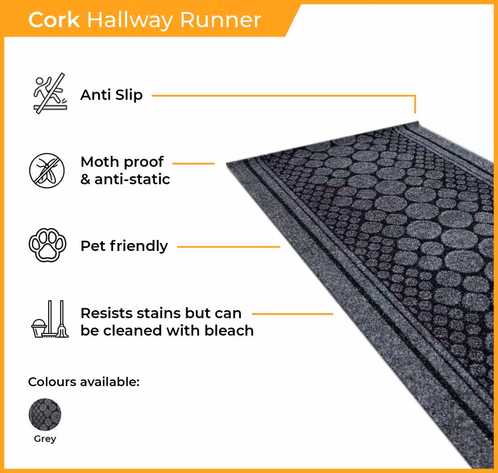 runrug Cork Grey Hallway Carpet Runner Rug, Non-Slip and Stain Resistant, W: 66 cm, L: 240 cm – 3