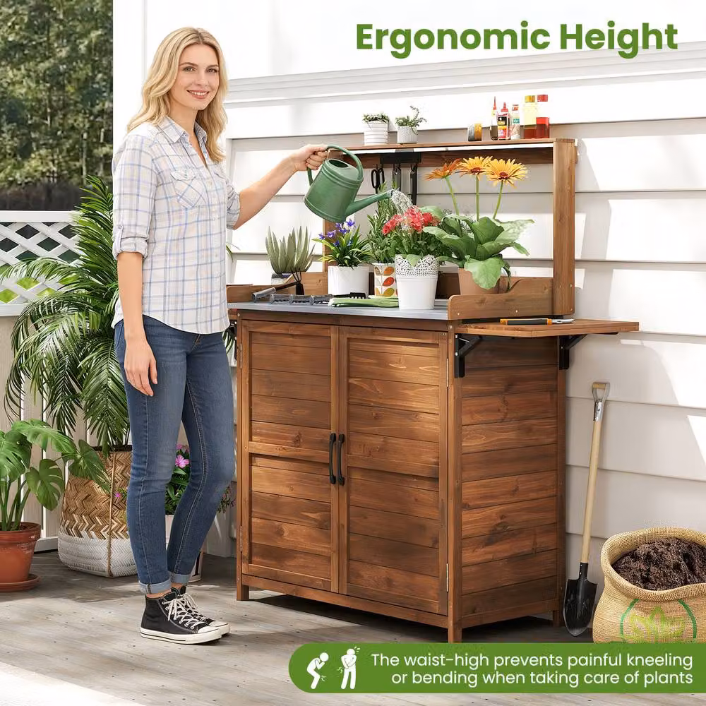 Gymax Outdoor Potting Bench Planting Workbench with Storage Cabinet in Brown – 2