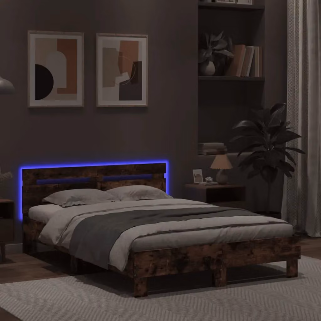 Berkfield Home Small Double Bed Frame with LED Lighting and USB Charging Port in Smoked Oak Brown, W/D/H: 120 x 200 cm – 3