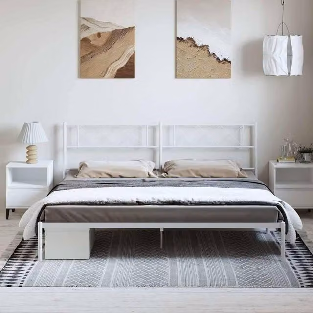 Berkfield Home Metal Bed Frame with Headboard in White, W/D/H: 193 x 198 x 90 cm