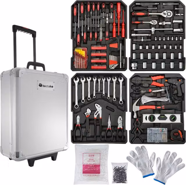 tectake 599 Piece Aluminium Tool Box Trolley with Screwdrivers, Wrenches and Pliers, Silver