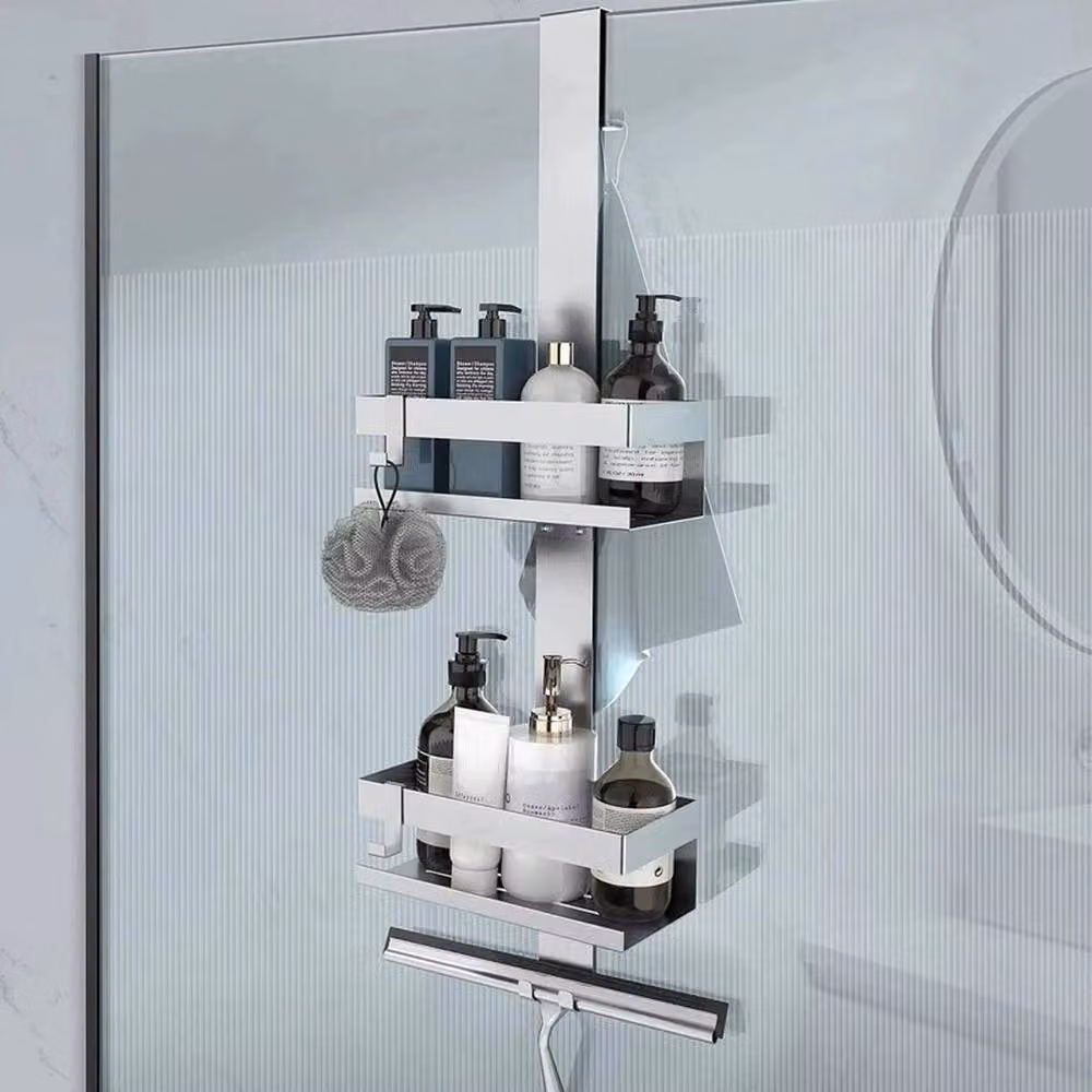 FLAVORA 2-Tier Hanging Over Door Bathroom Shower Caddy Rack in Silver, W: 180 cm, Drop: 180 cm – 3