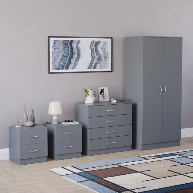 Vida Designs Riano 4 Piece Modern Grey Bedroom Set including Wardrobe, Chest of Drawers and 2 Bedside Chests