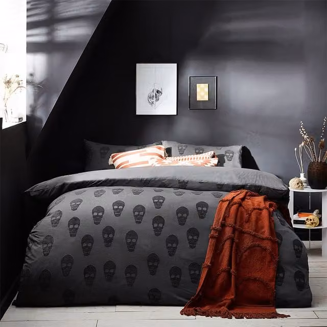 Make it a Home Reversible Skulls Graphic Cotton Duvet Cover Set, Anthracite, 90 x 200 cm