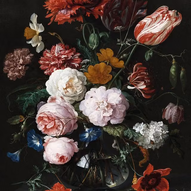 Classic Floral Vase of Flowers Wall Mural in Black and Multicolour