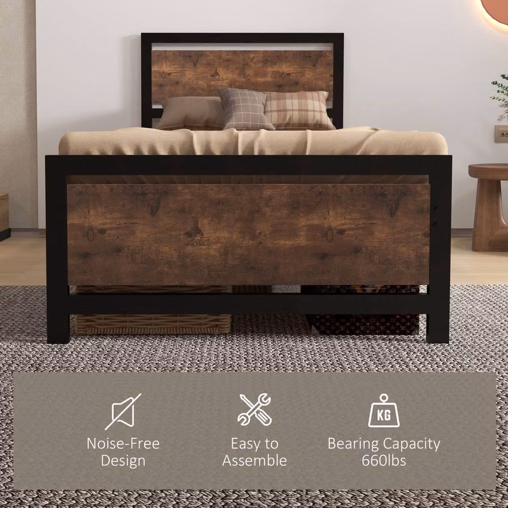 ERGOVEXA Single Metal Bed Frame with Headboard in Black and Brown, W/D/H: 90 x 190 x 103 cm – 5
