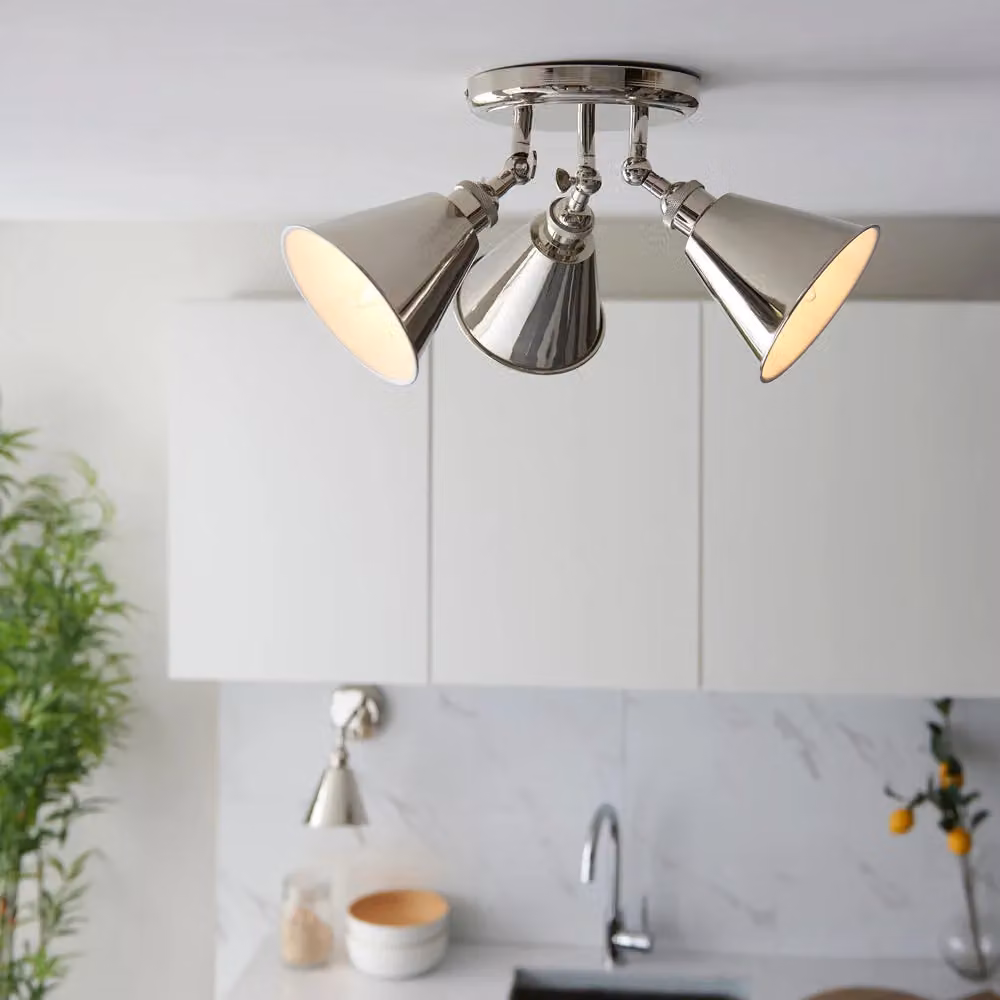 Loops Bright Nickel 3 Light Ceiling Spotlight in Silver and White with Knurled Detailing – 2