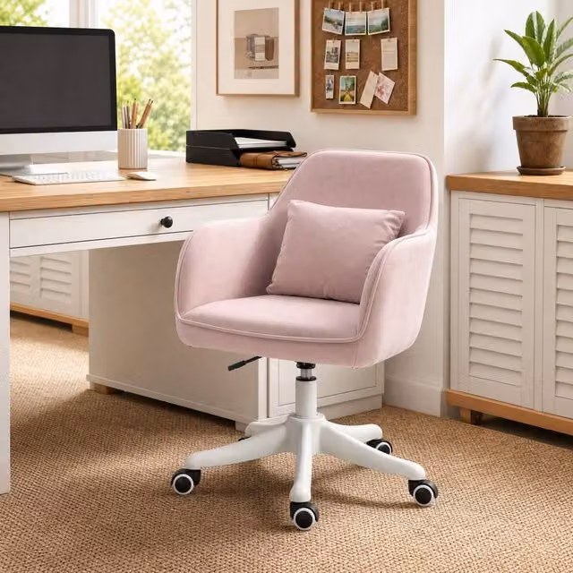 STILVORA Pink Velvet Swivel Task Chair with USB Massage Pillow Headrest W/D/H: 57 x 70 x 113.4 cm