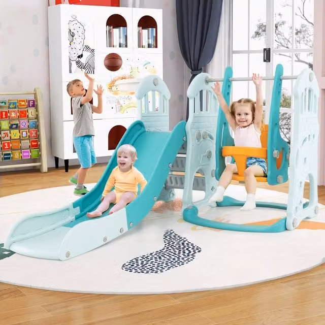 Costway 4-in-1 Blue Toddler Playground Slide and Swing Set with Play Tower and Foldable Design