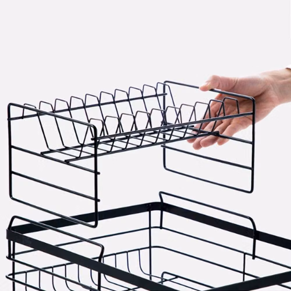 EONLION 2 Tier Black Metal Dish Drainer Rack with Cutlery Holder and Drip Tray – 3
