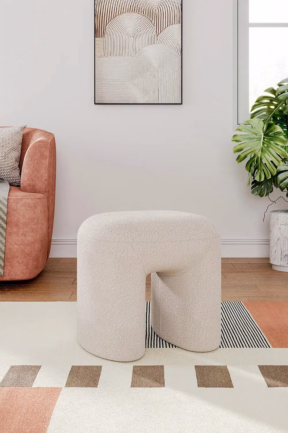 Livingandhome Modern White Teddy Bear Fur and Bouclé Upholstered Cylindrical Footstool – 2
