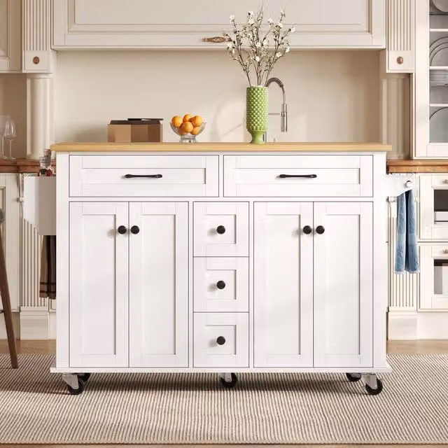 Aosom UK Versatile Kitchen Trolley with Extendable Worktop and 5 Drawers in White and Natural, W: 65 cm, D: 65 cm, H: 89 cm