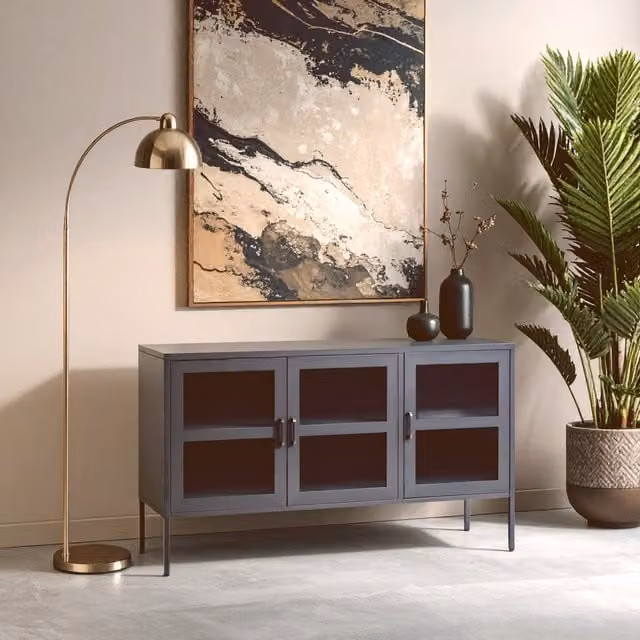 Orsina Industrial Mid-Century Three Door Metal Sideboard in Grey and White