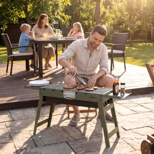Outsunny Portable Foldable Charcoal BBQ Grill in Green with Stainless Steel Tabletop – 6