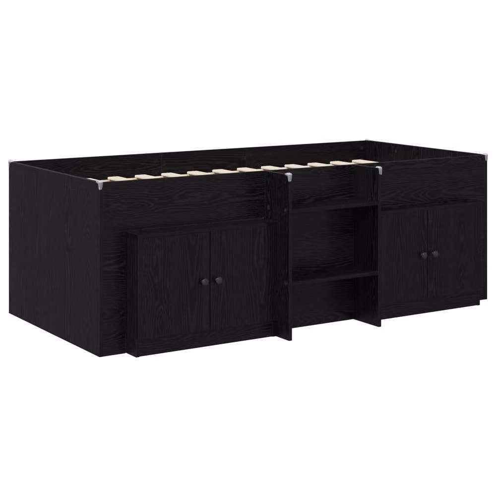 Berkfield Home Modern Loft Bed Frame with Side Compartment Cabinet in Black Engineered Wood – 1