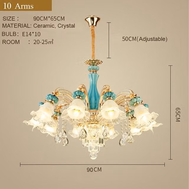 Blue and Gold K9 Crystal Ceramic and Metal Pendant Ceiling Chandelier, W/D/H: 90 x 90 x 65 cm