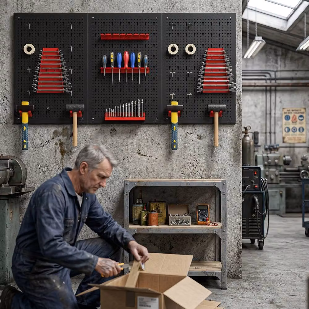 STILVORA Wall-Mounted Steel Tool Storage Organiser with Pegboards in Black, W/H: 120 x 30 cm – 7