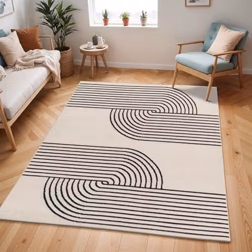 Livabliss Hialeah Abstract Modern Rug in White, Black and Beige, W/D/H: 80 x 220 cm – 1