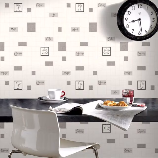 Contour Cafe Culture White Geometric Tiled Washable Kitchen Wallpaper