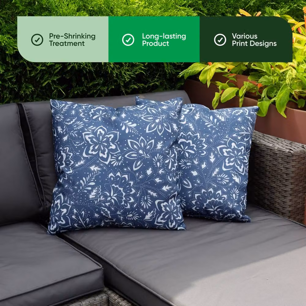 Gardenwize Pack of 2 Hampton Blue Floral Printed Square Outdoor Scatter Cushions – 4
