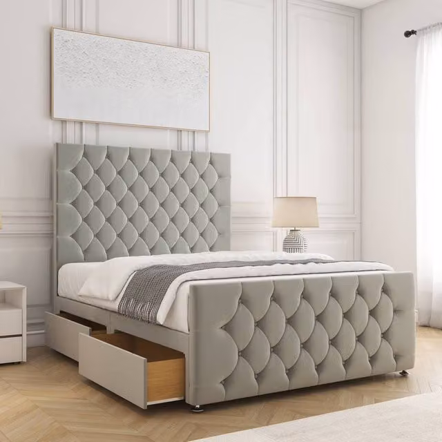 BSSPOKE Maya Double Plush Velvet Divan Bed with 54 inch Headboard, 2 Drawers, Footend and Mattress in Silver, W/D/H: 140 x 200 cm