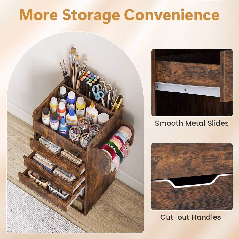 VOGREX Brown Rolling Storage Cart with 3 Drawers and 2 Dowel Rods – 5