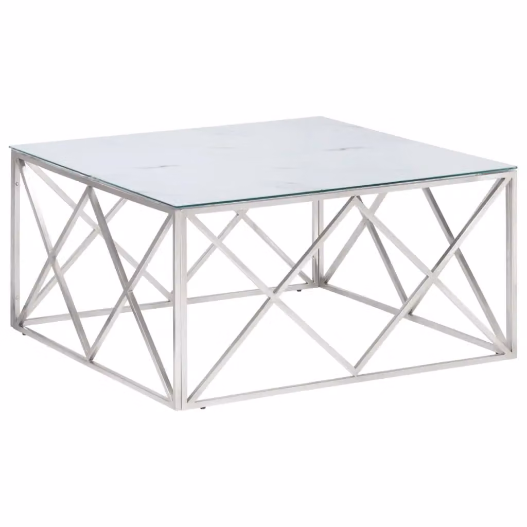 Berkfield Home Modern Square Coffee Table in Silver and White with Tempered Glass and Metal X-Frame – 2