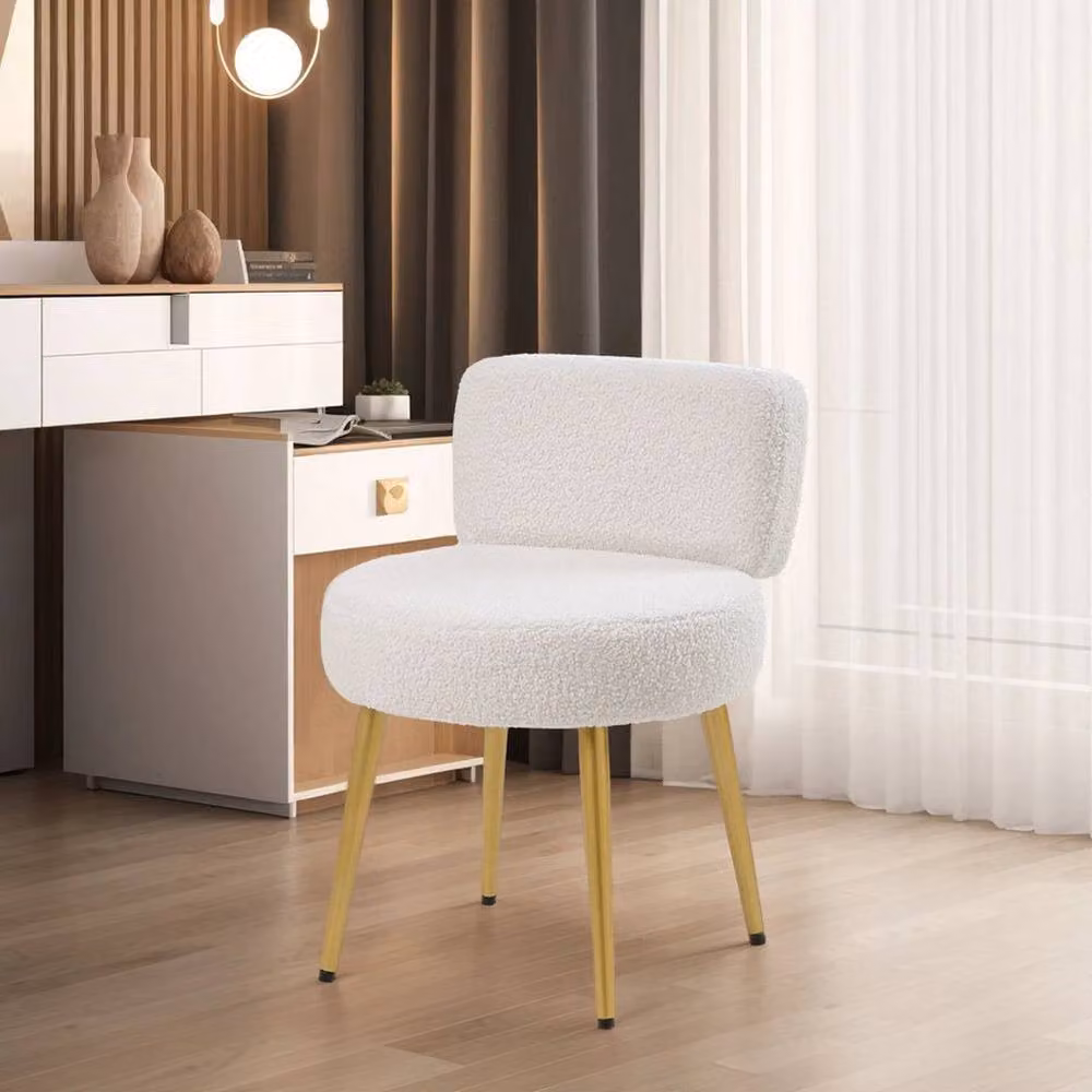 FLAVORA Teddy Boucle Upholstered Vanity Dressing Stool in White and Gold with Metal Legs – 3