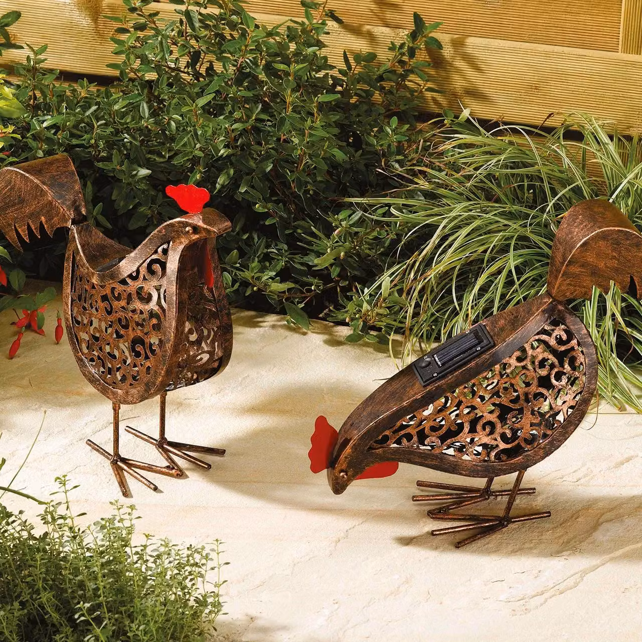 mysmartbuy Set of 2 Solar Powered Bronze Metal Silhouette Hen Outdoor Garden Ornaments with LED Light – 2