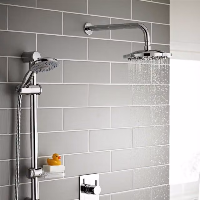 Clifton Chrome Triple Shower Set with Concealed Thermostat, Hung Slide Rail Kit and Overhead Drencher in Silver