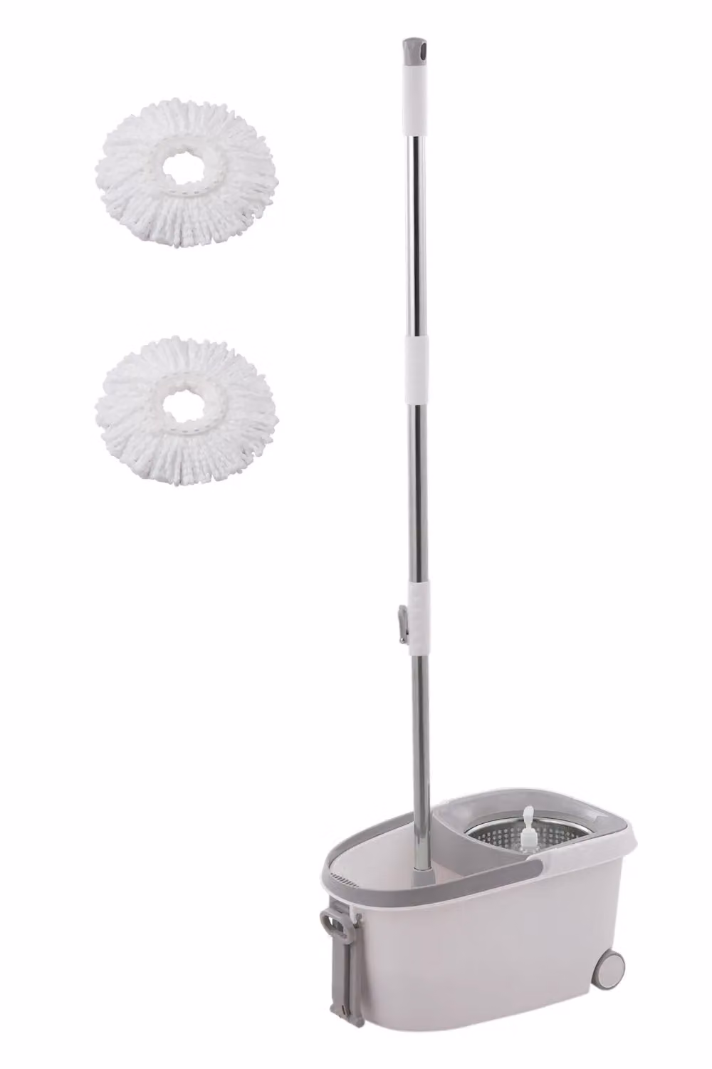 Living and Home 360 Degree Rotating Hands-free Wringing Cleaning Mop Bucket Set with 2 Mop Heads in Grey and White – 3