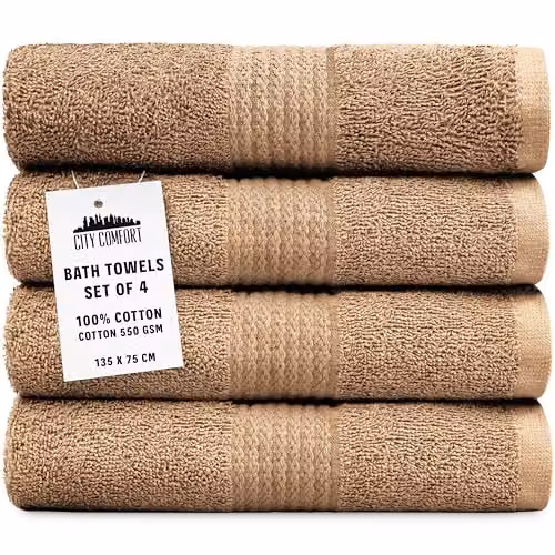 CityComfort Set of 4 Fluffy Cotton Bath Towels, Brown, W: 75 cm x L: 135 cm, 550 GSM