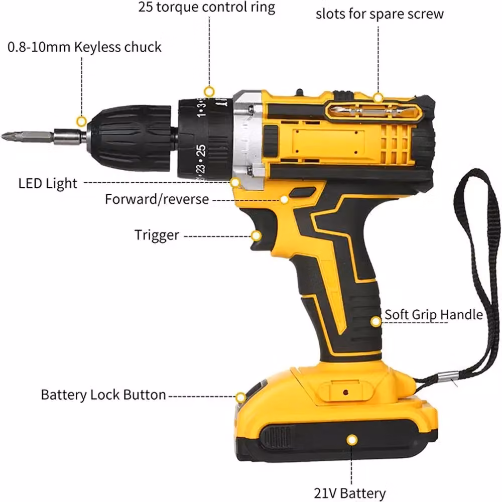 VOGREX 21V Cordless Combi Drill and High Power Electric Screwdriver Set in Yellow – 3
