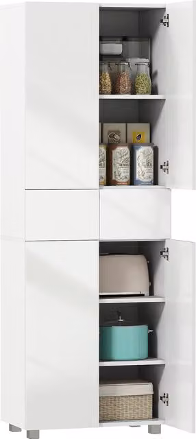 HOMCOM Modern White Glossy Freestanding 4-Door Kitchen Cupboard and 5-Tier Tall Storage Cabinet with 3 Adjustable Shelves and 2 Drawers – 1
