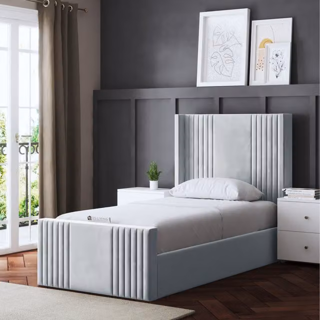 DS Living Elara Winged Ottoman Panel Bed with Headboard in Silver Velvet, W/D/H: 180 x 200 cm