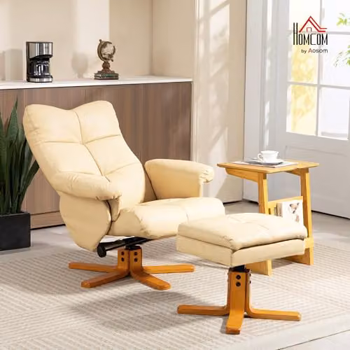 HOMCOM Beige PU Leather Swivel Recliner Chair with Ottoman and Solid Wood Base – 2
