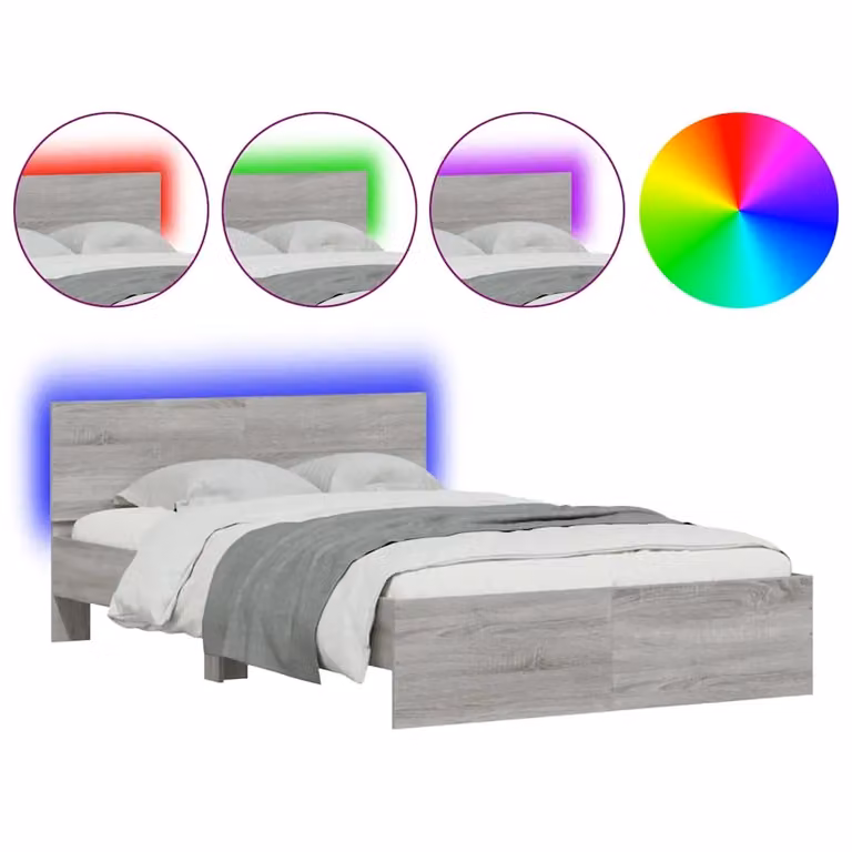 Berkfield Home Small Double Bed Frame with Headboard, LED Under-Bed Lighting and USB Charging Port, Grey Sonoma, W: 120 cm, L: 190 cm