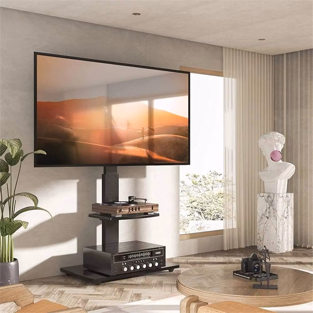 Nordara Black Metal Floor TV Stand with Mount and 2-Tier Storage Shelves, W/D/H: 132 x 40 x 40 cm – 2