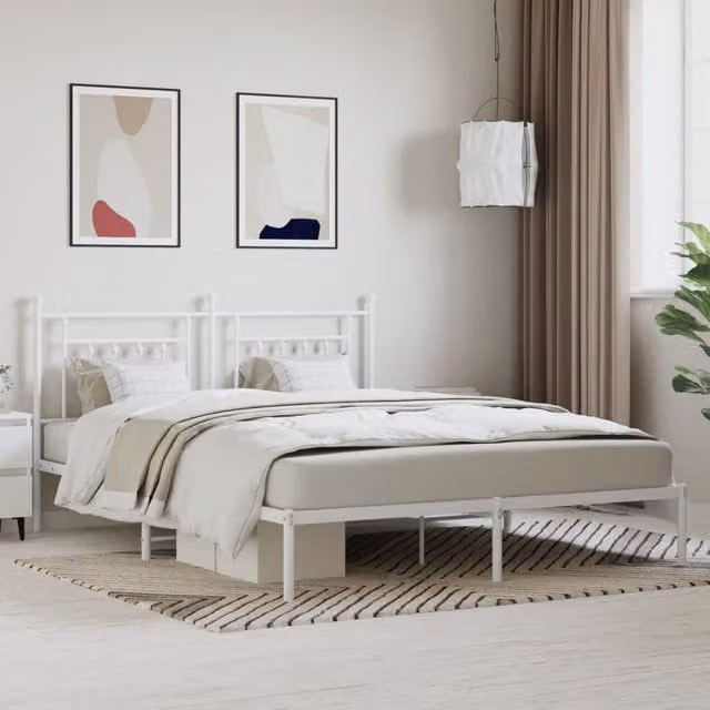 Berkfield Home Metal Bed Frame with Headboard in White, W/D/H: 160 x 200 cm