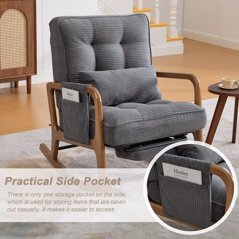 GOMYWAY Matteo Grey Corduroy Upholstered Rocking Recliner Chair with Armrests and Solid Wood Frame – 5