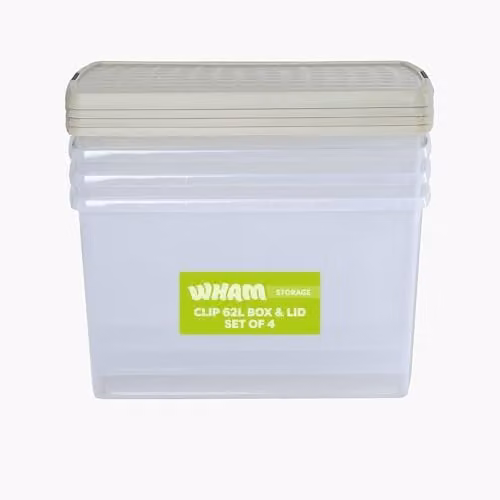 Wham 4 x 62L Rectangular Stackable Plastic Storage Boxes with Lids, Transparent and Beige