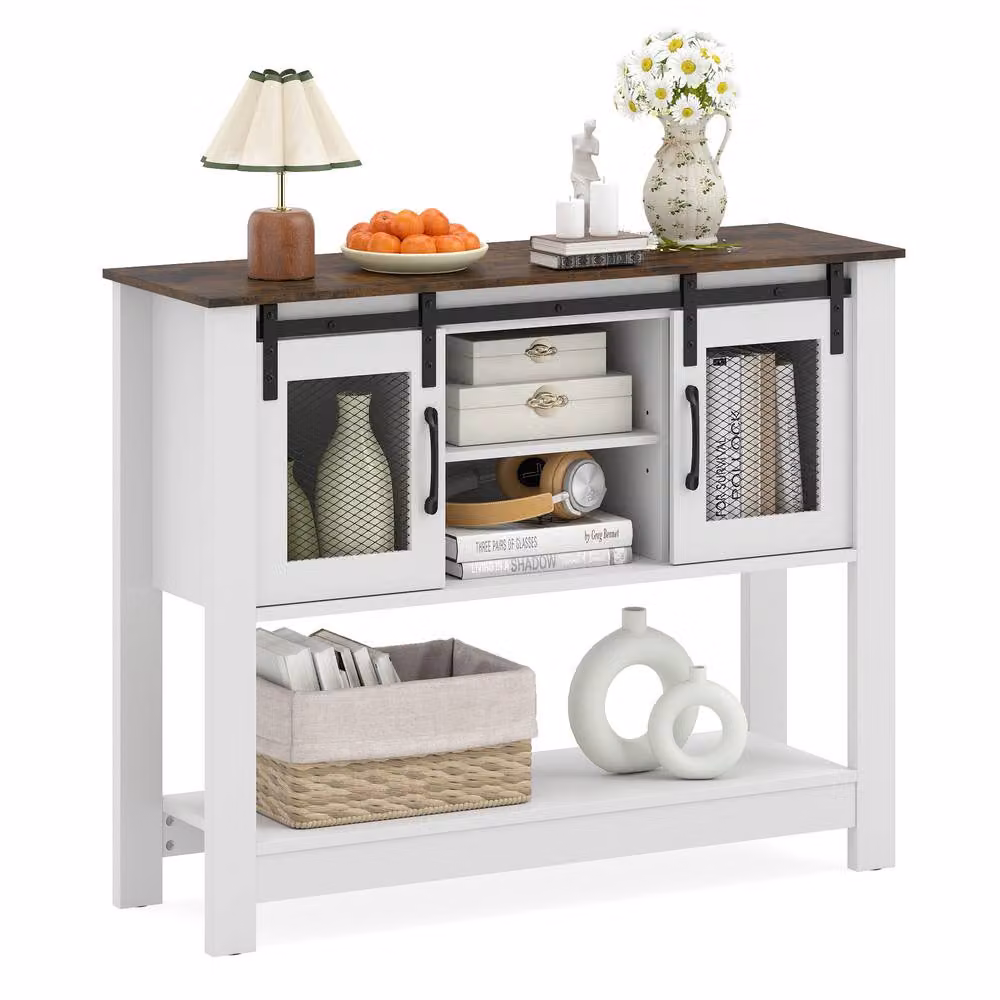 Costway Rustic Entryway Console Table with Barn Sliding Doors and Adjustable Shelf in White and Multicolour – 2