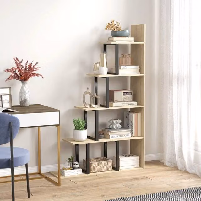 HOMCOM 5-Tier Industrial Ladder Shelf and Bookcase in Oak